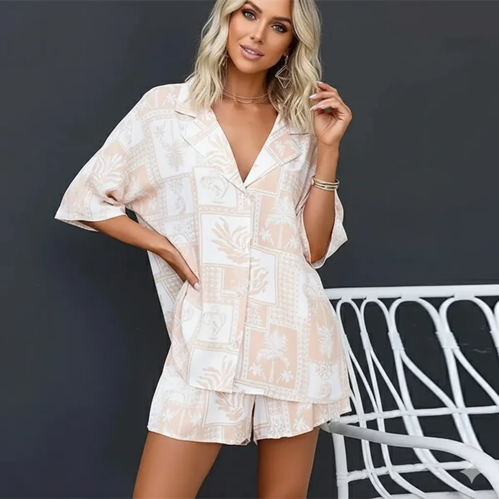 Palm Print Shirt and Shorts Summer Set