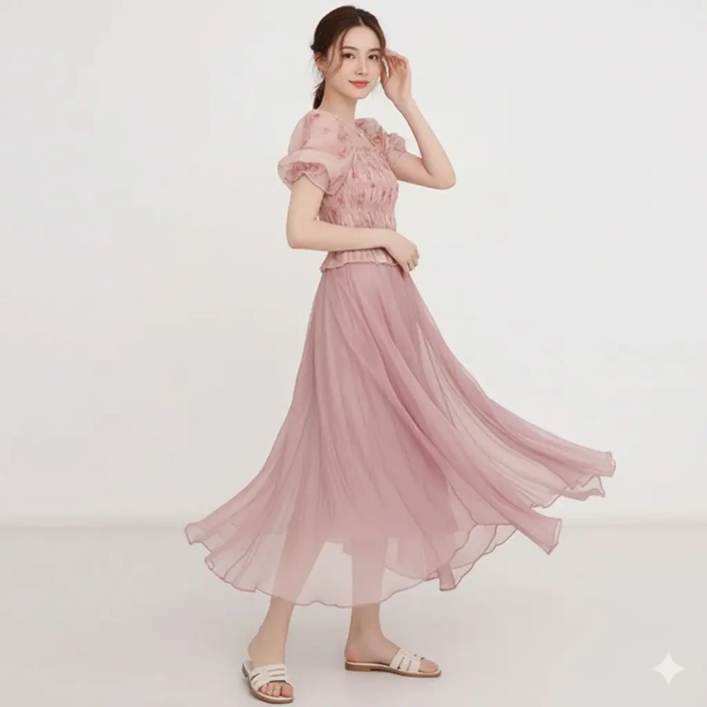 Elegant Pink Floral Smocked Top &amp; Flowy Skirt Set - Women's Co-ord