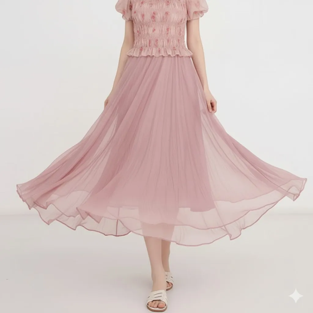 Thumbnail of Elegant Pink Floral Smocked Top & Flowy Skirt Set - Women's Co-ord