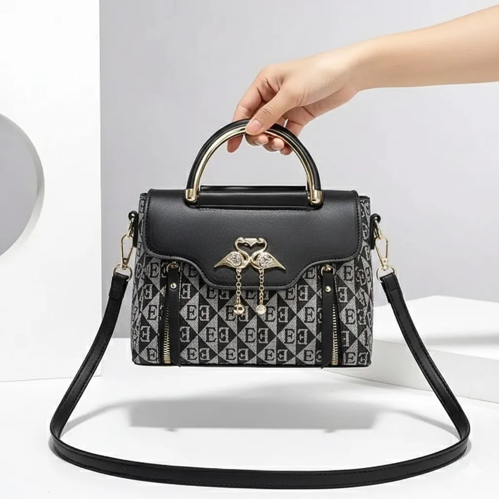 Elegant Patterned Handbag With Gold Accents