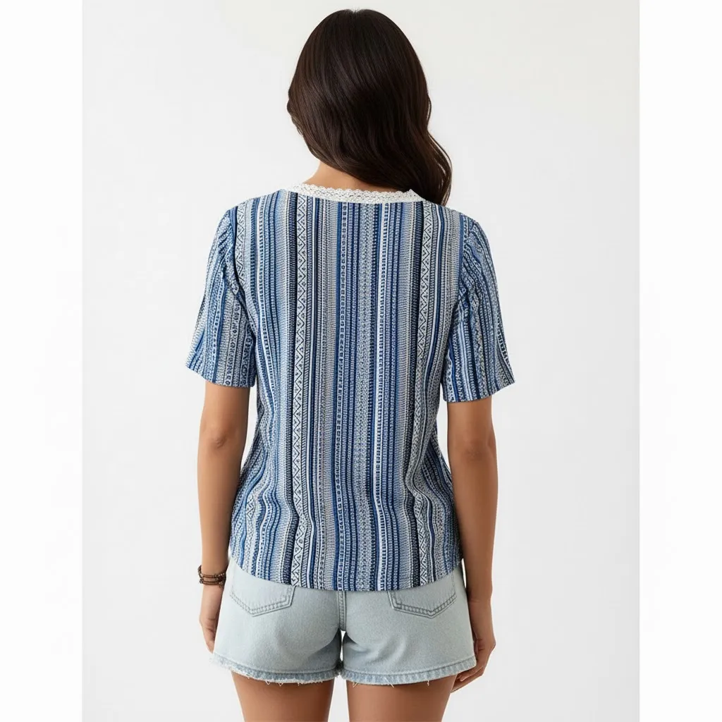 Casual Striped V-Neck Top with Lace Trim