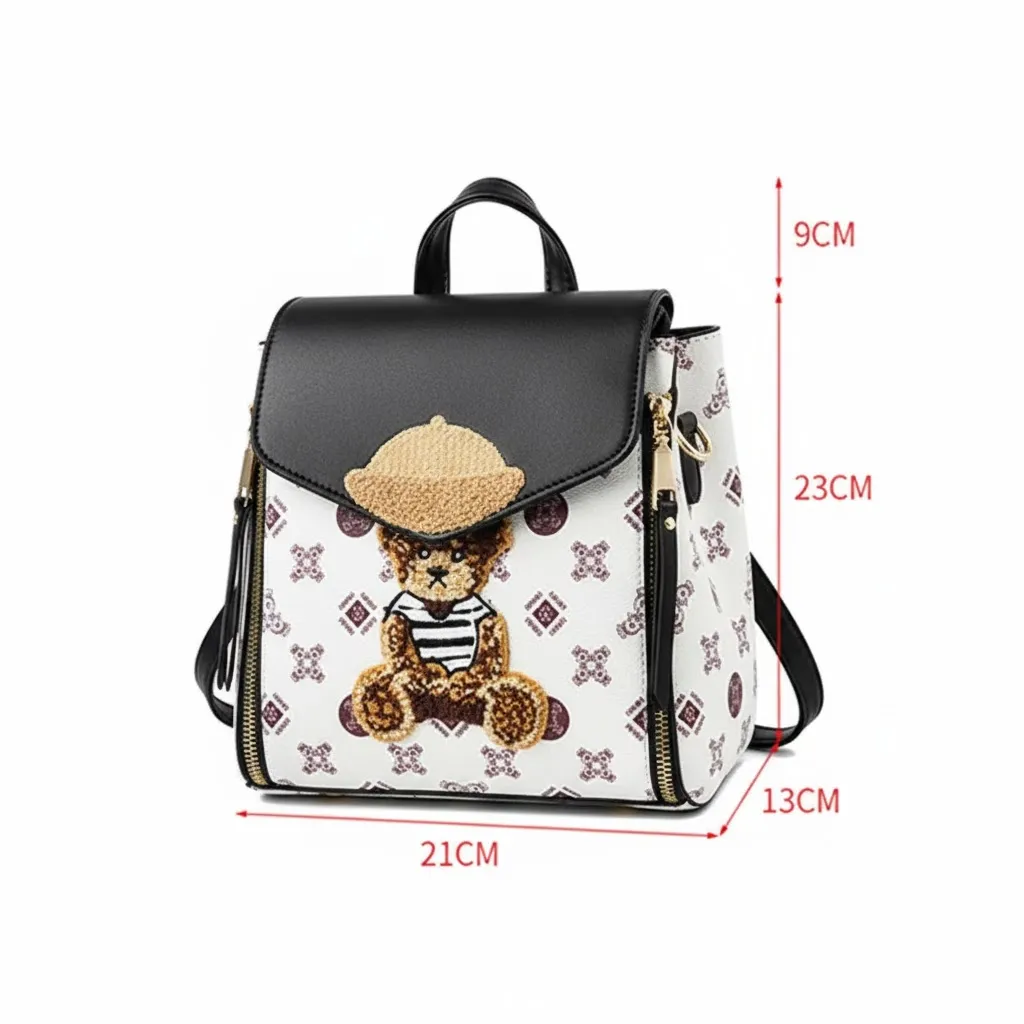 Teddy Bear Patch Monogram Print Backpack