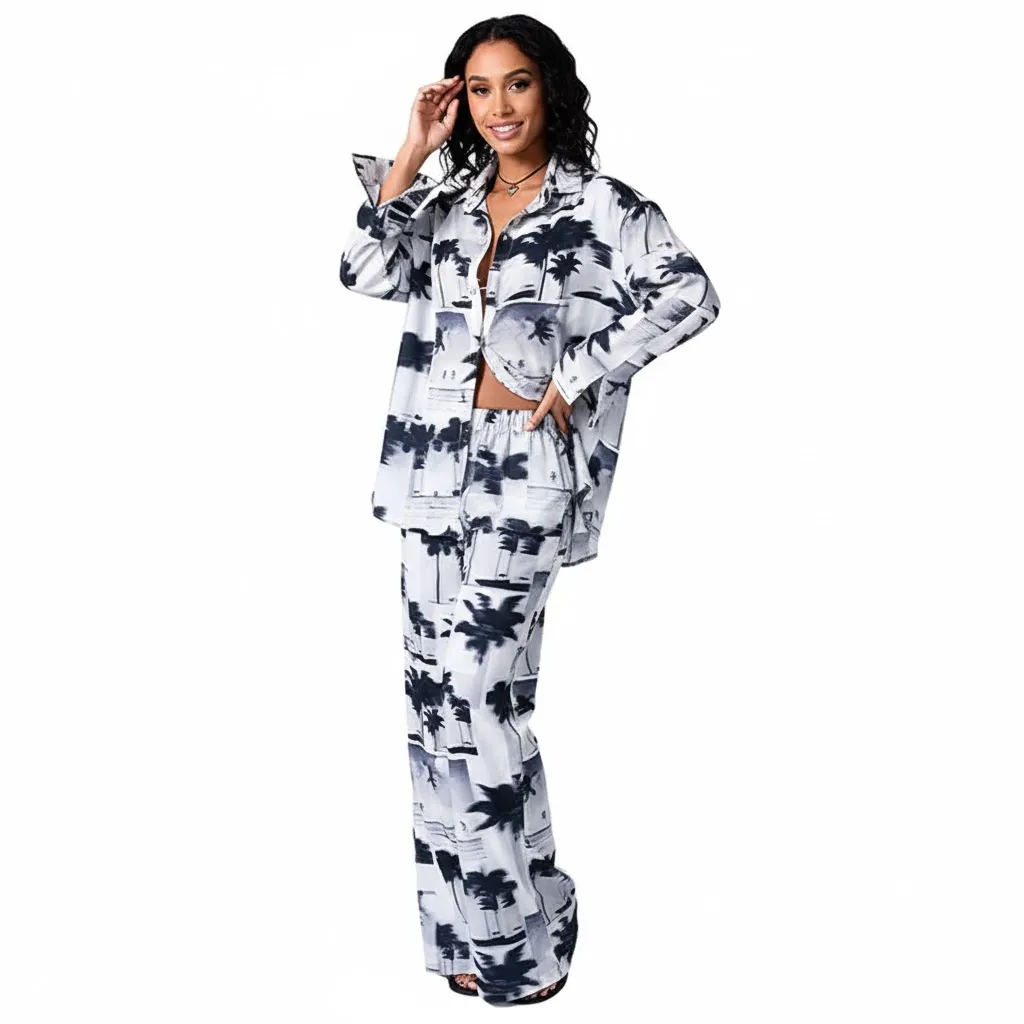 Tropical Tree Print Button-Up Shirt Wide-Leg Lounge Pants Two-Piece Set