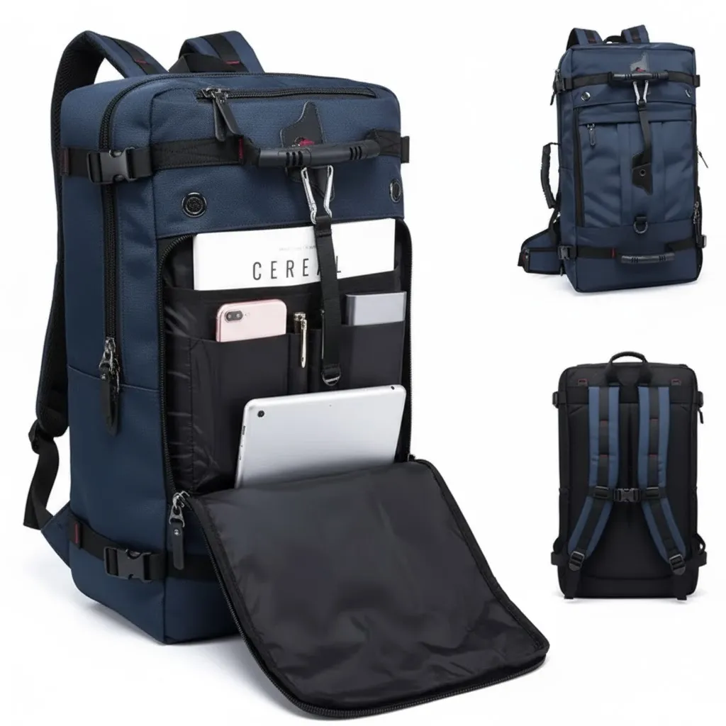 Men's Blue Canvas Travel Backpack - Waterproof  Adjustable Strap
