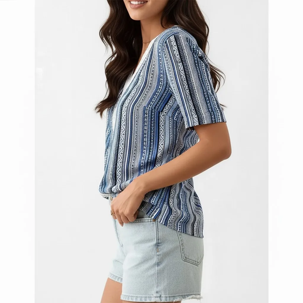 Casual Striped V-Neck Top with Lace Trim