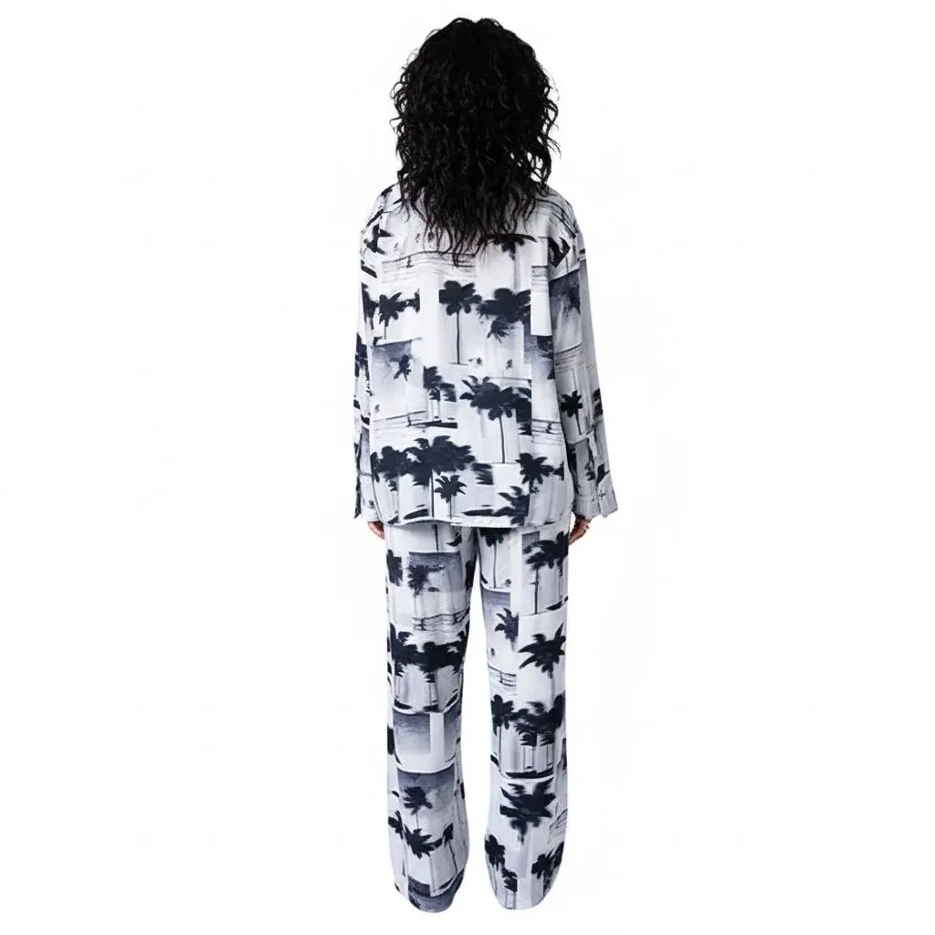 Tropical Tree Print Button-Up Shirt Wide-Leg Lounge Pants Two-Piece Set