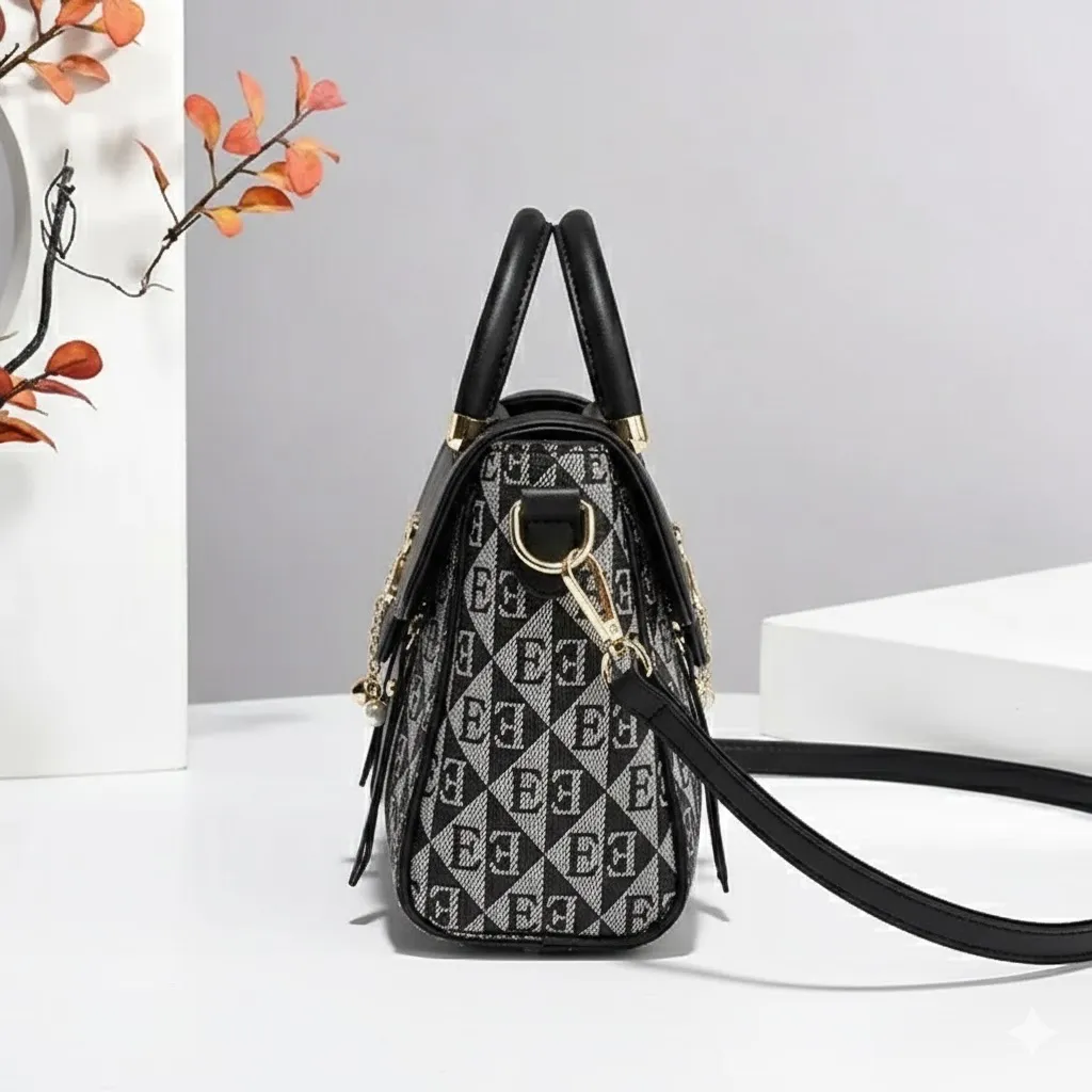 Elegant Patterned Handbag With Gold Accents