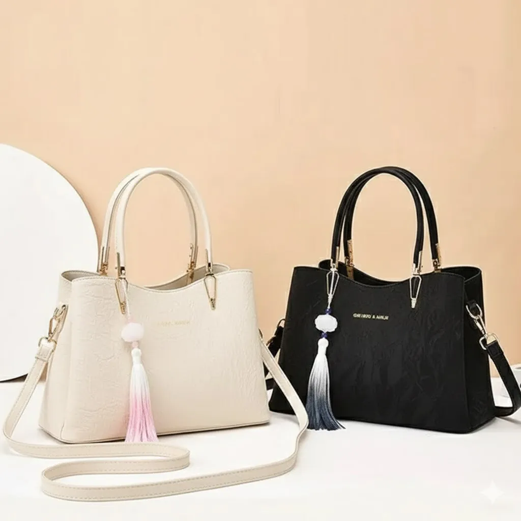 Elegant Textured Handbag with Tassel Charm