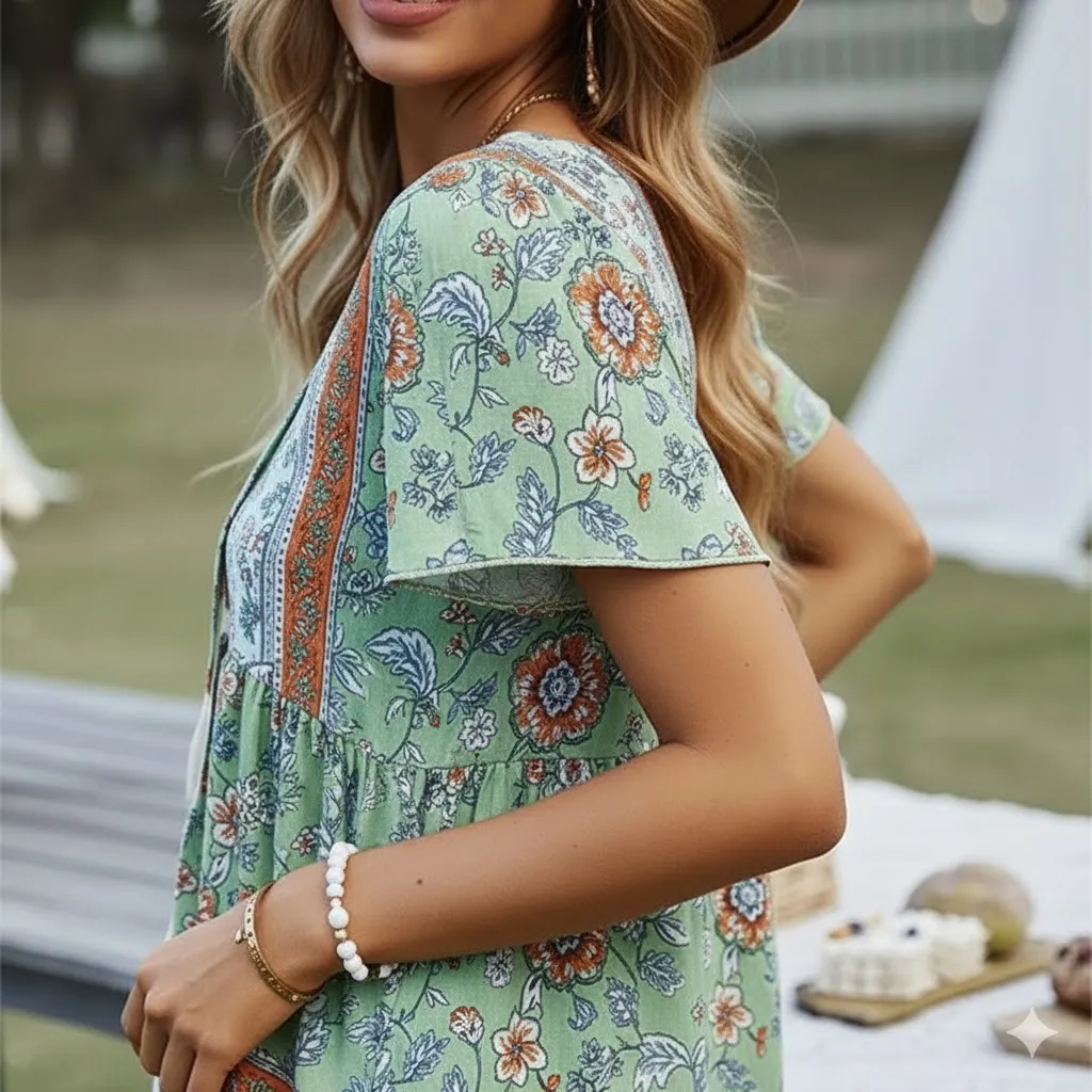 Floral Bohemian Button-Up Tunic Top
