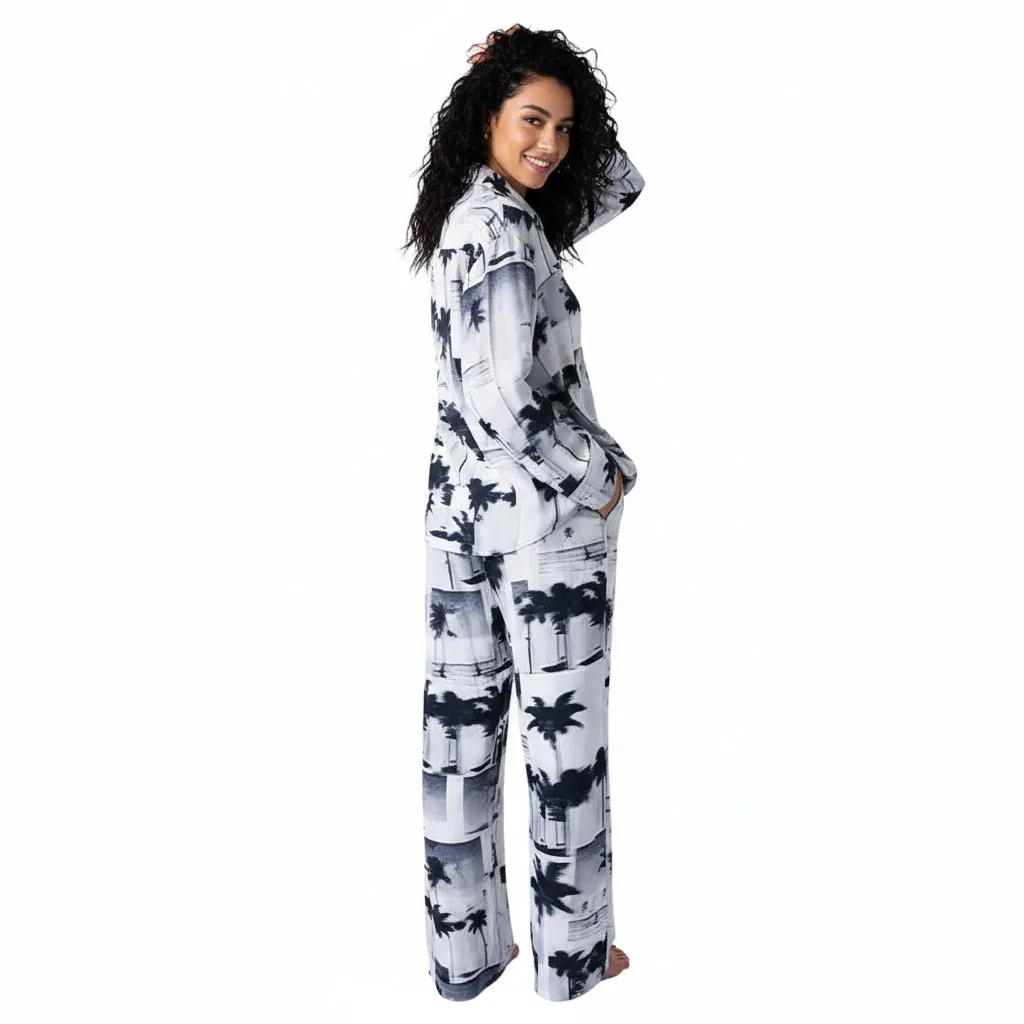 Tropical Tree Print Button-Up Shirt Wide-Leg Lounge Pants Two-Piece Set