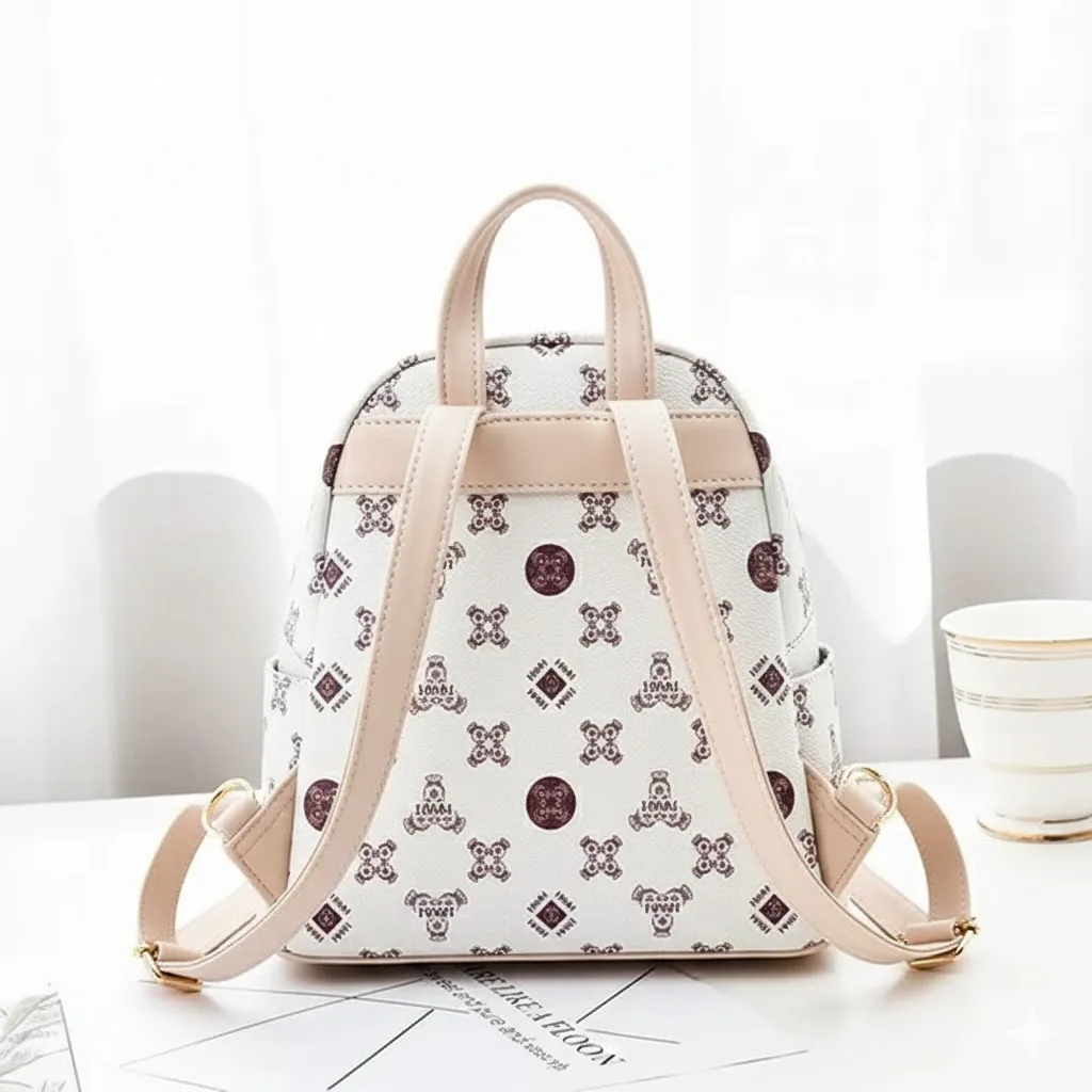 Teddy Bear Patch Monogram Print Backpack