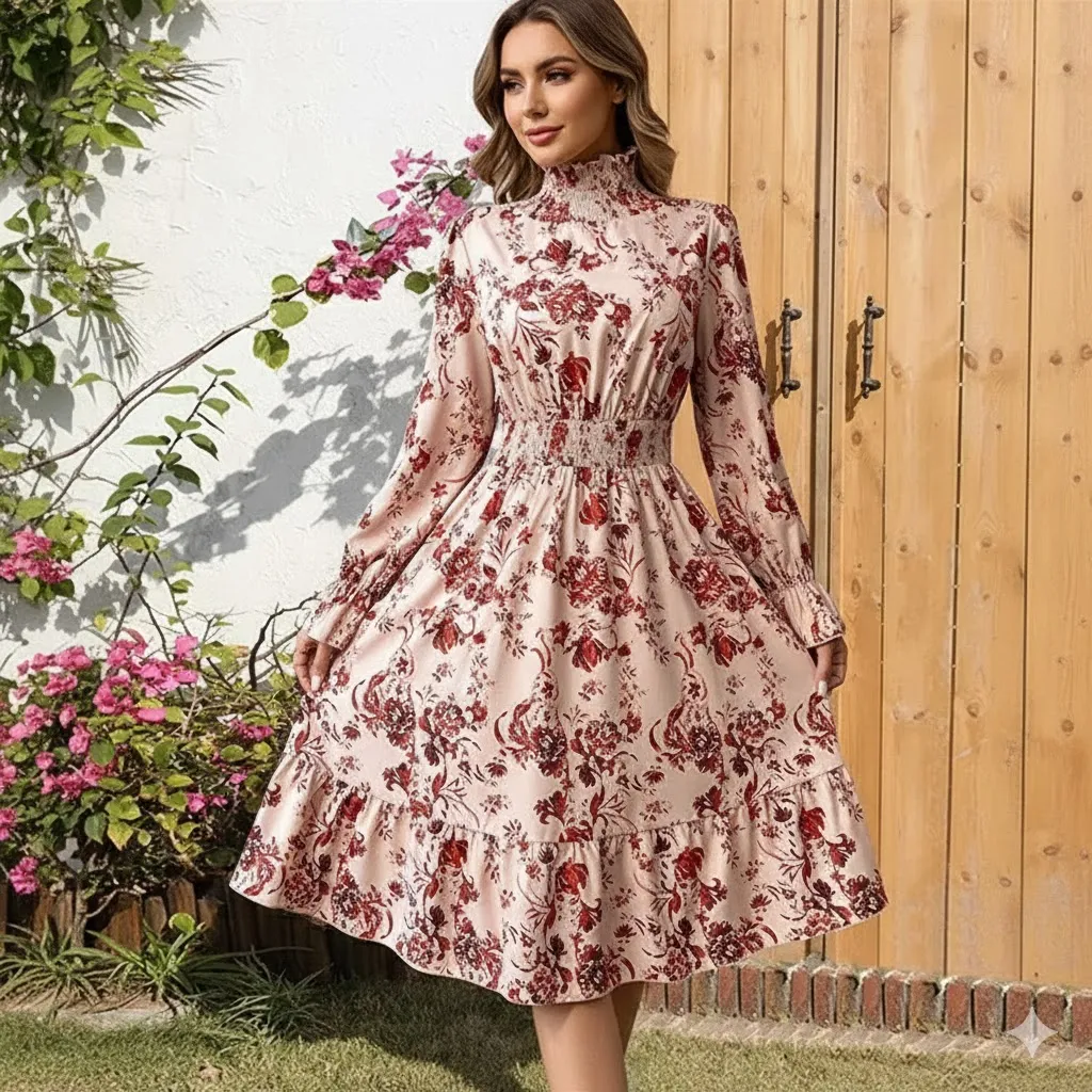 Elegant Floral High-Neck Long Sleeve Midi Dress