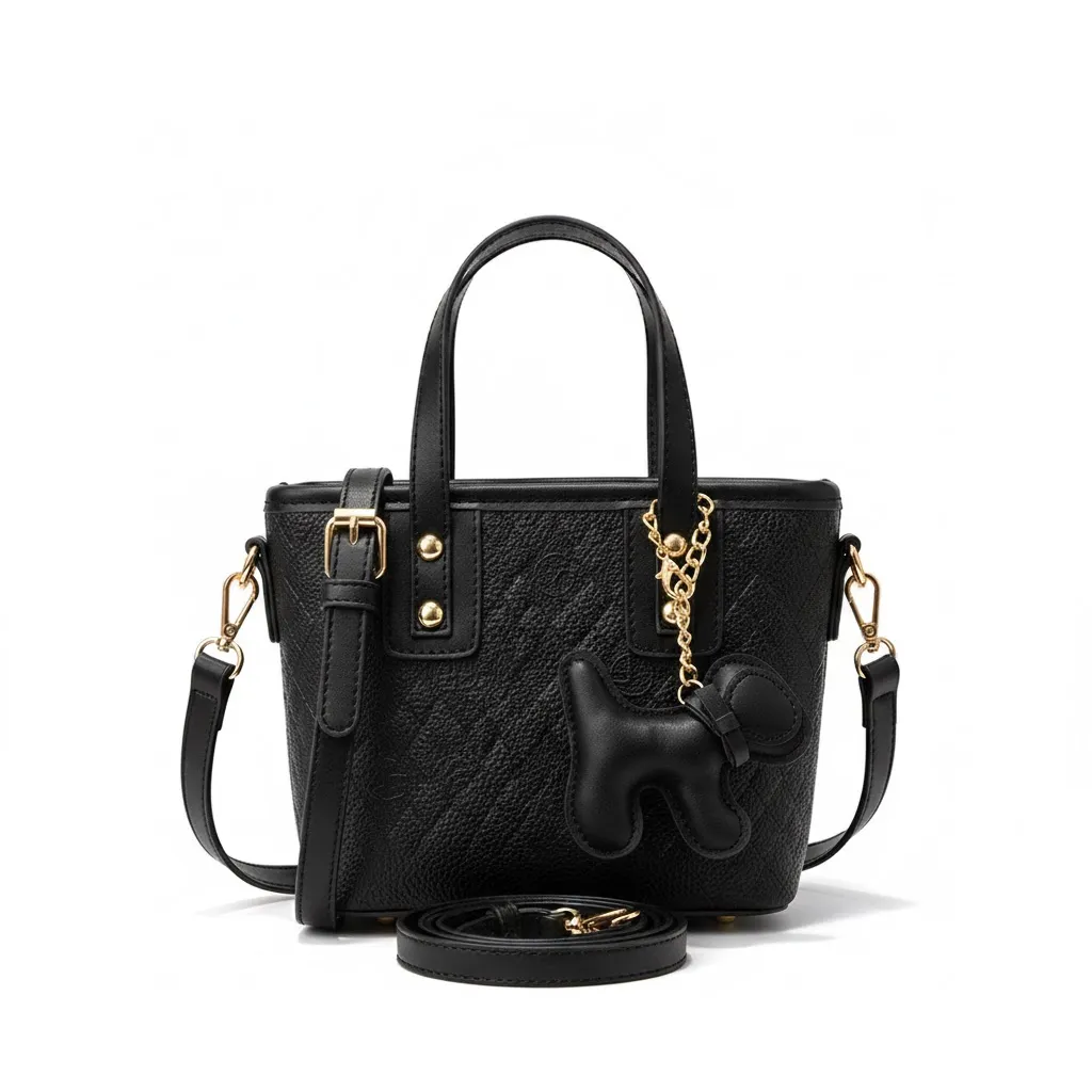 Quilted Mini Handbag with Cute Puppy Charm Keychain