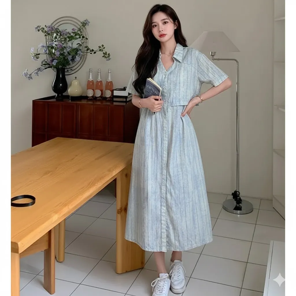 Thumbnail of Casual Striped Midi Dress with Waist Tie