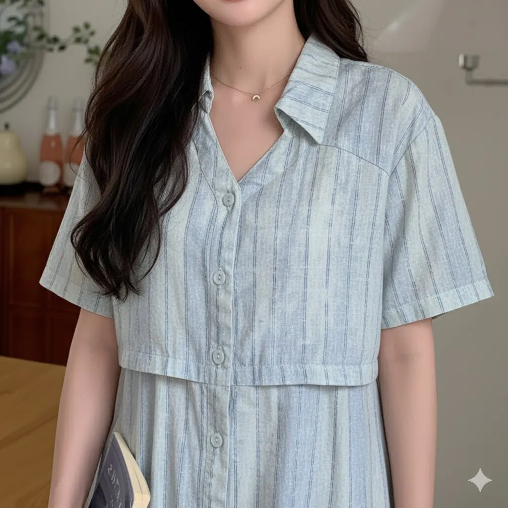 Casual Striped Midi Dress with Waist Tie