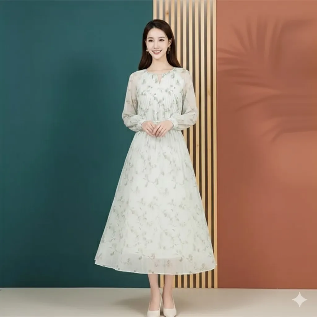 Elegant Floral Pattern V Neck Long Sleeves Maxi Dress With Puff Sleeves