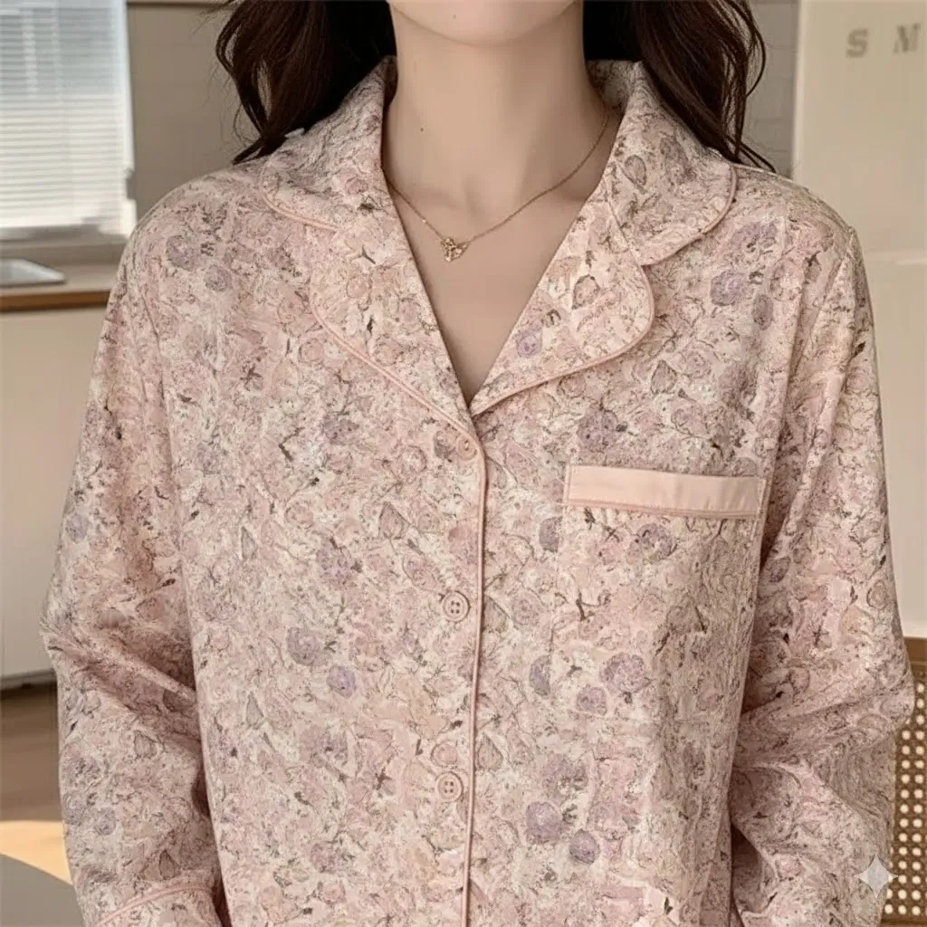 Thumbnail of Floral Cotton Button-Up Top High Waist Pant Two Piece Pajama Set