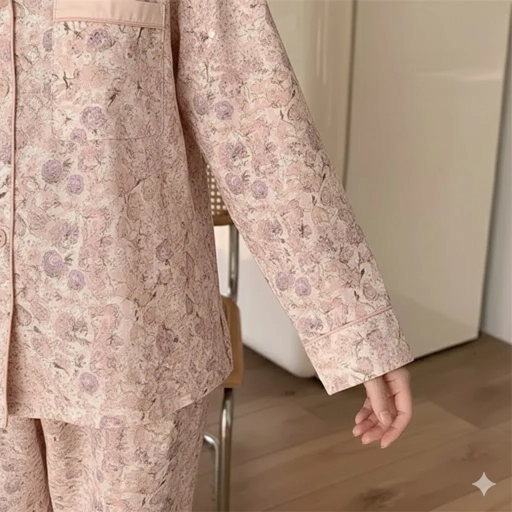 Floral Cotton Button-Up Top High Waist Pant Two Piece Pajama Set