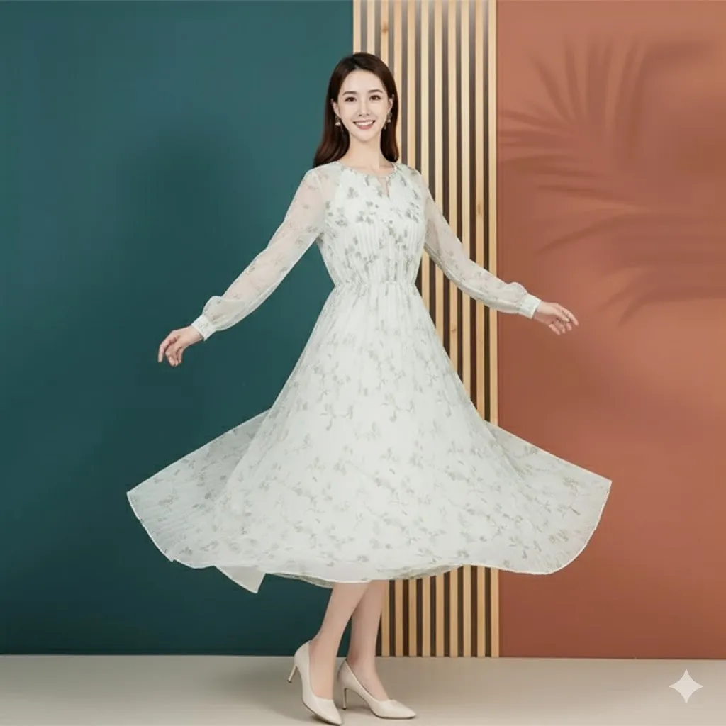 Thumbnail of Elegant Floral Pattern V Neck Long Sleeves Maxi Dress With Puff Sleeves