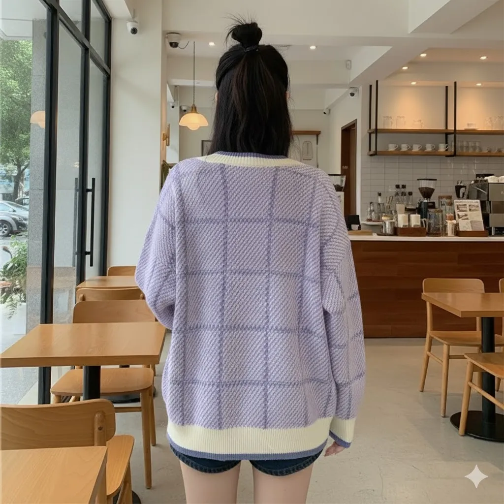 Trendy Argyle V-Neck Knit Sweater - Oversized Purple Jumper