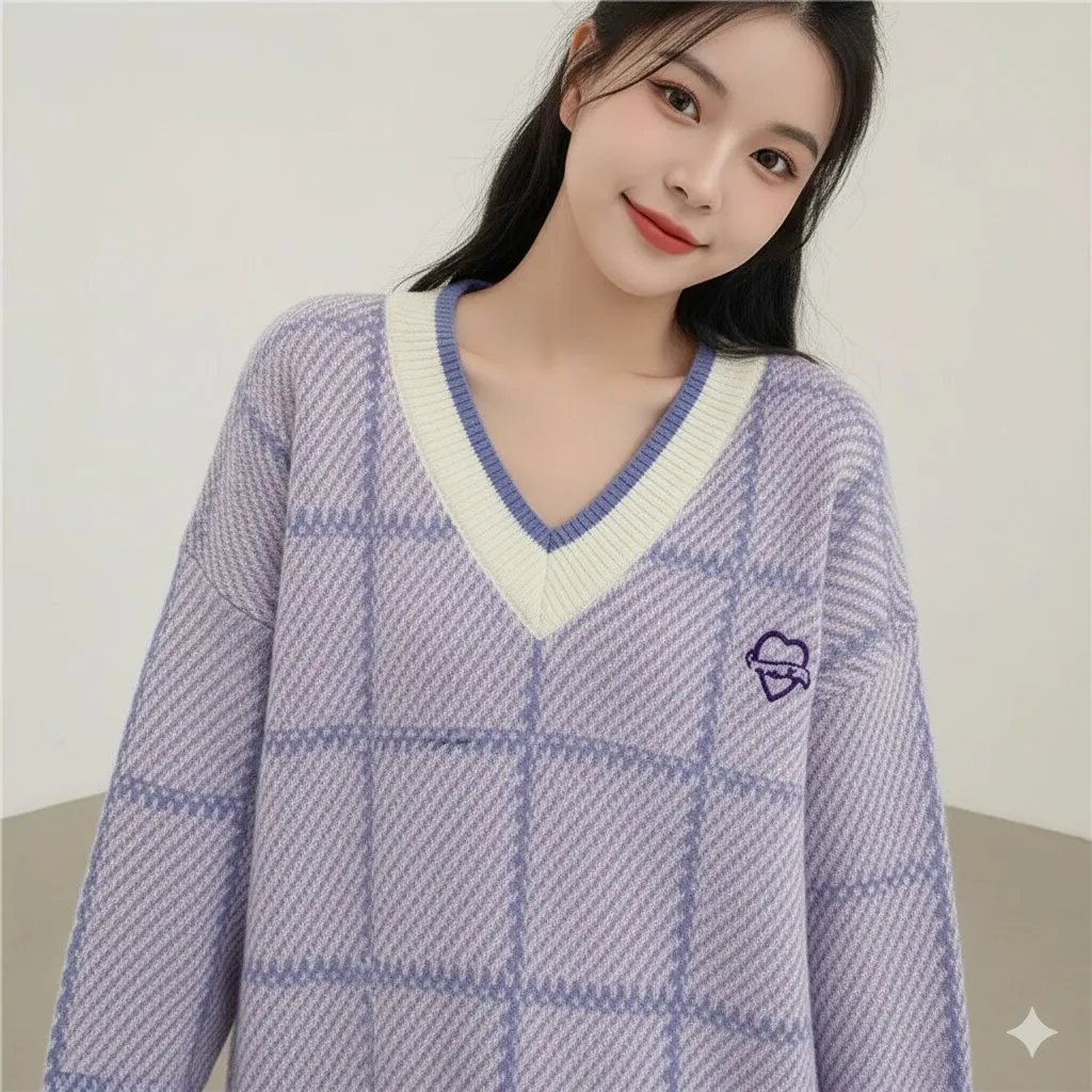 Thumbnail of Trendy Argyle V-Neck Knit Sweater - Oversized Purple Jumper