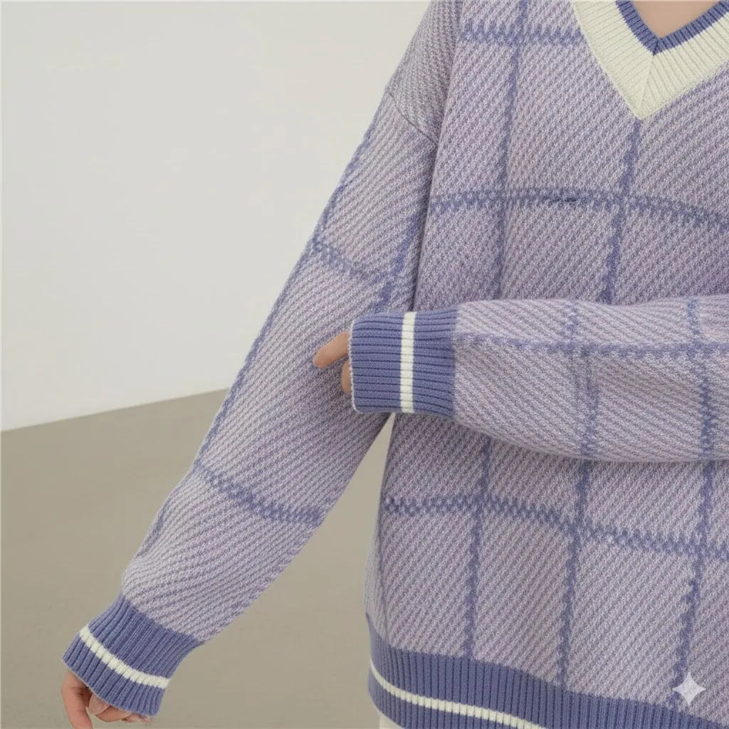 Trendy Argyle V-Neck Knit Sweater - Oversized Purple Jumper