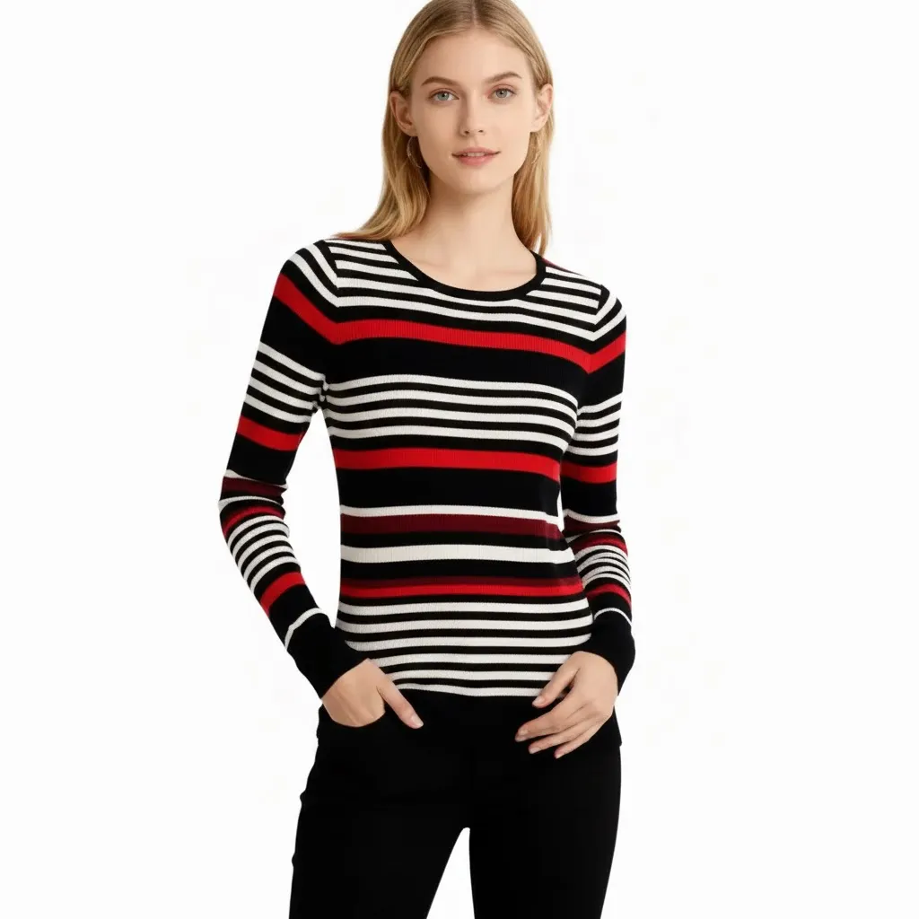 Thumbnail of Cozy Striped Pattern Round Neck Long Sleeve Sweater Style Top