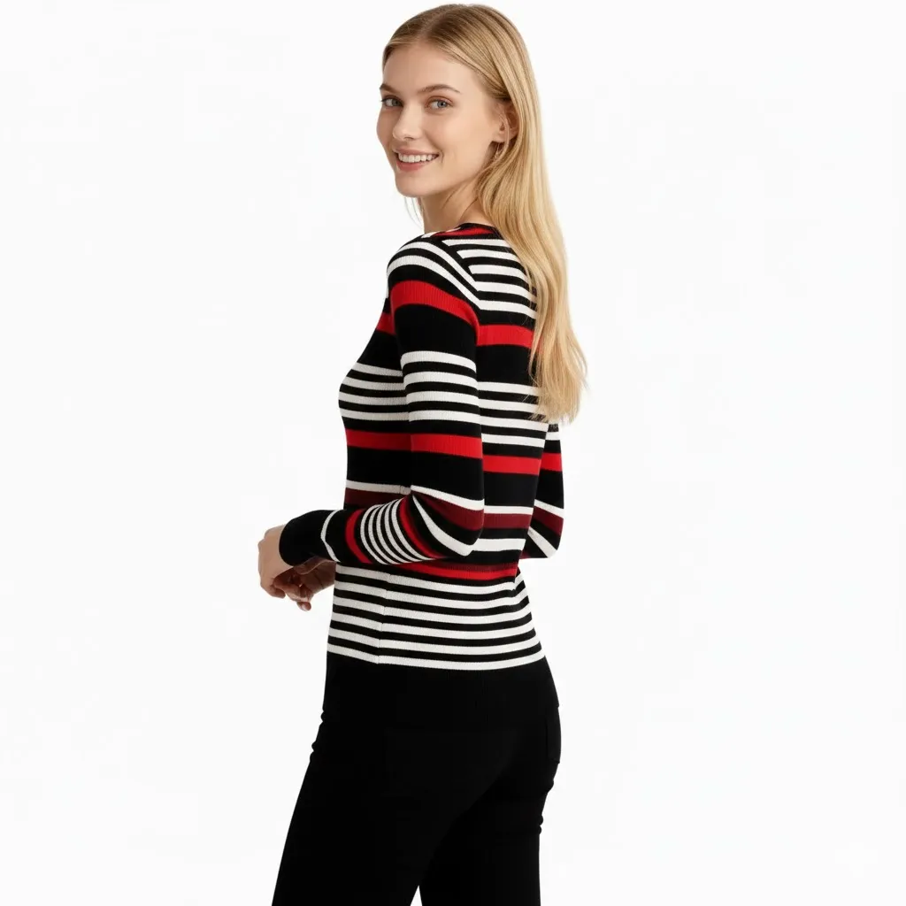 Thumbnail of Cozy Striped Pattern Round Neck Long Sleeve Sweater Style Top