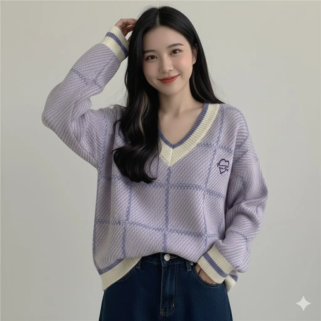Thumbnail of Trendy Argyle V-Neck Knit Sweater - Oversized Purple Jumper