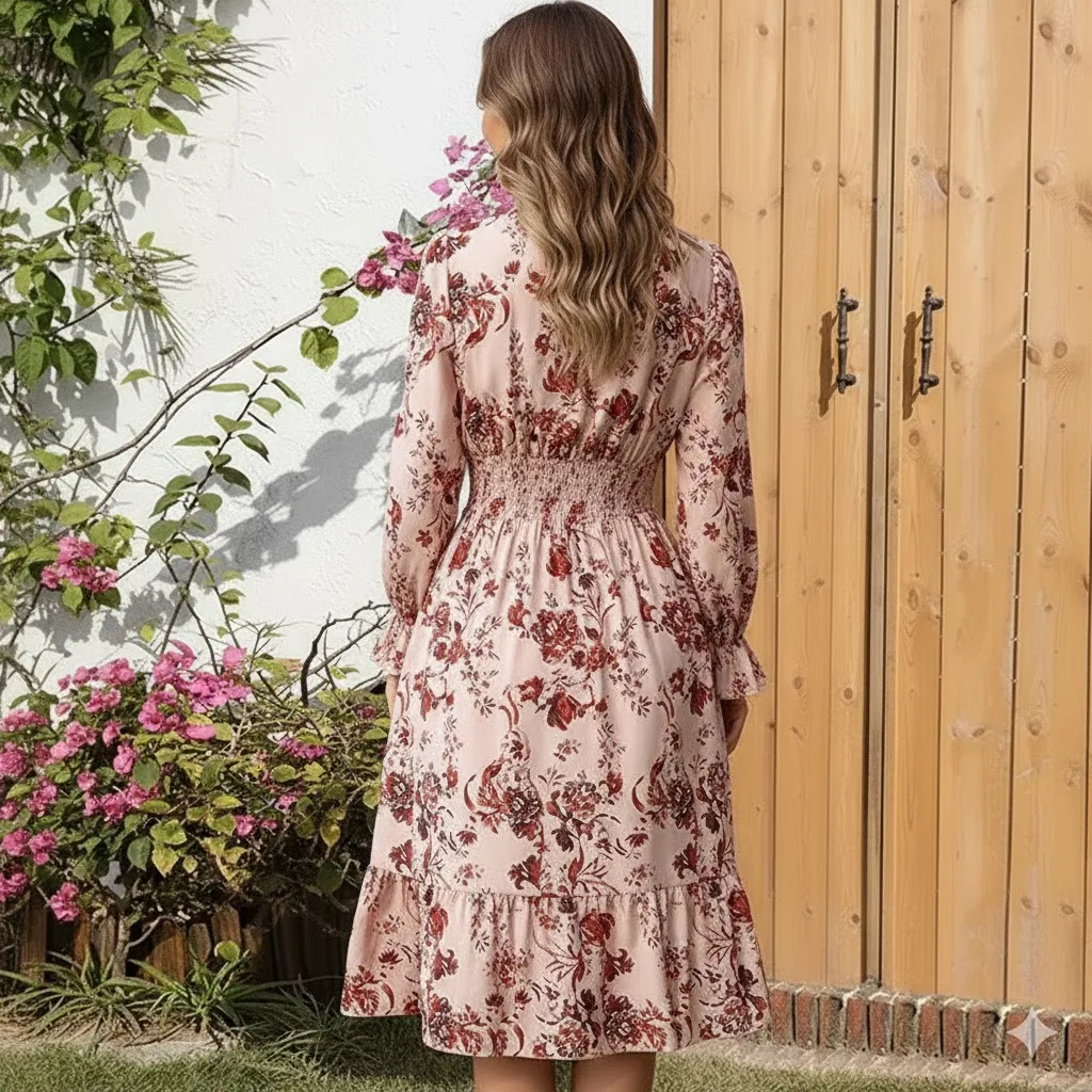 Thumbnail of Elegant Floral High-Neck Long Sleeve Midi Dress
