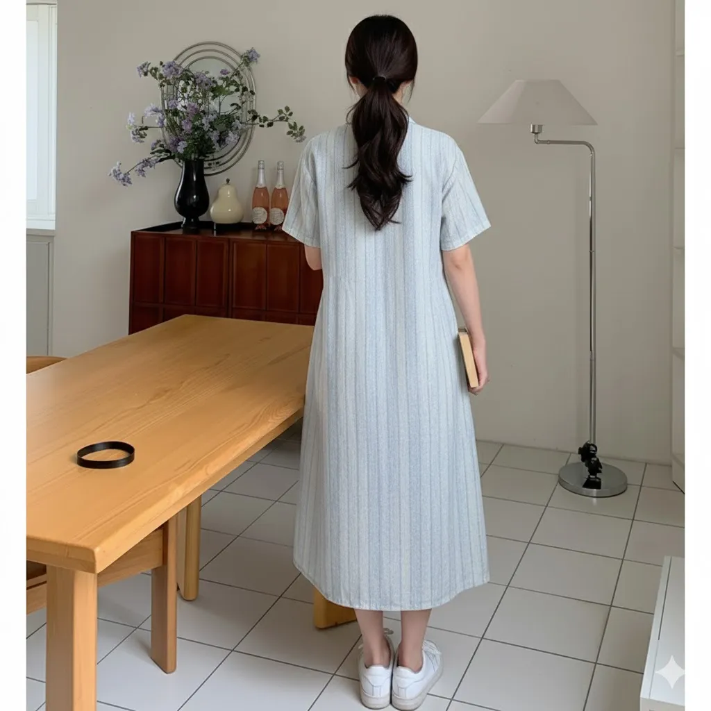 Casual Striped Midi Dress with Waist Tie