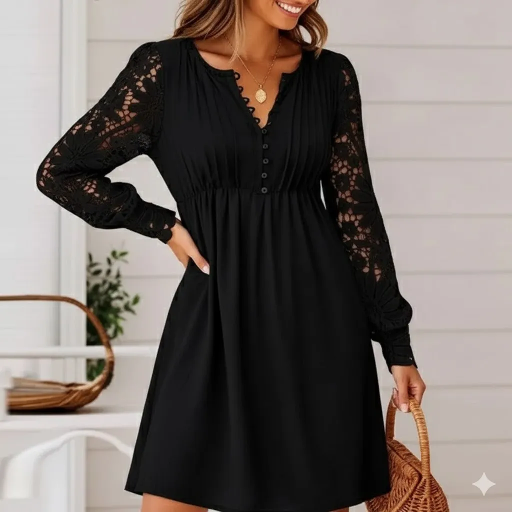 Thumbnail of Black V-Neck Lace Sleeve Pleated Mini Dress