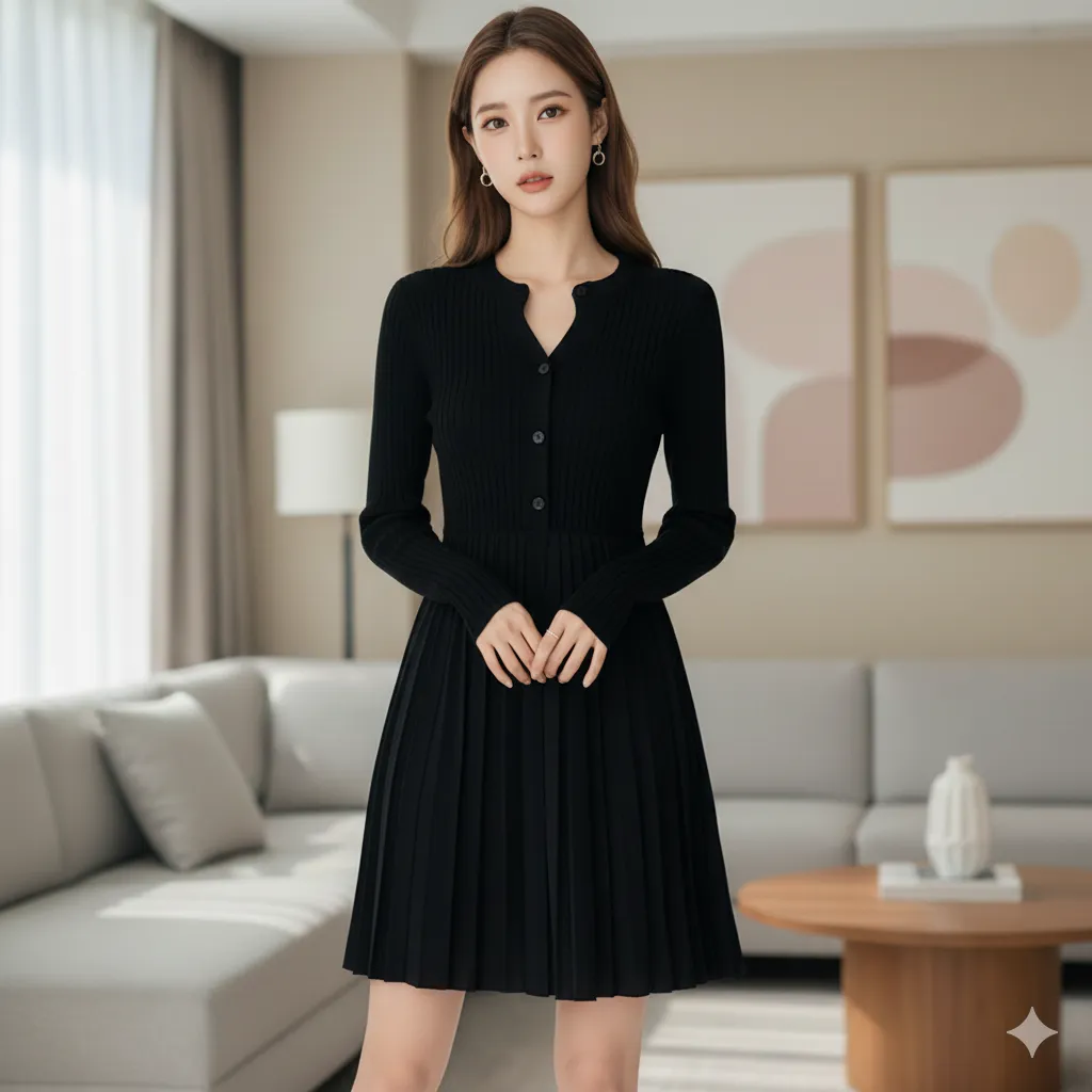 Elegant Ribbed Design Notch Neck Long Sleeves Pleated Mini Dress