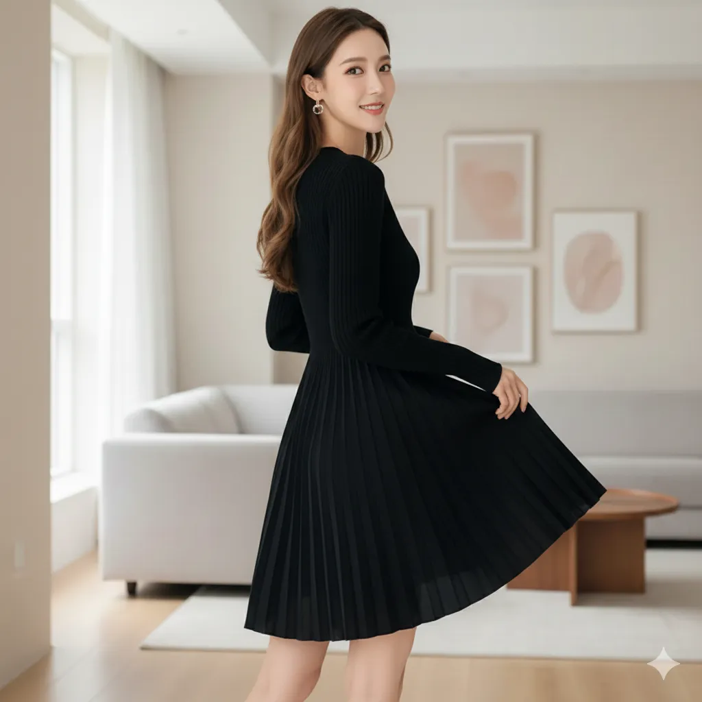 Elegant Ribbed Design Notch Neck Long Sleeves Pleated Mini Dress