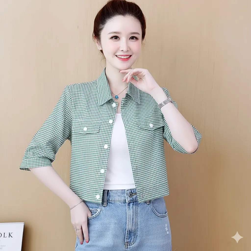 Thumbnail of Lightweight Gingham Pattern Button-Up Mini Shirt Top