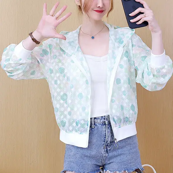 Lightweight Sheer Printed Long Sleeves Zip-Up Women Jacket