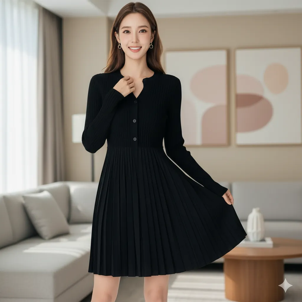 Elegant Ribbed Design Notch Neck Long Sleeves Pleated Mini Dress
