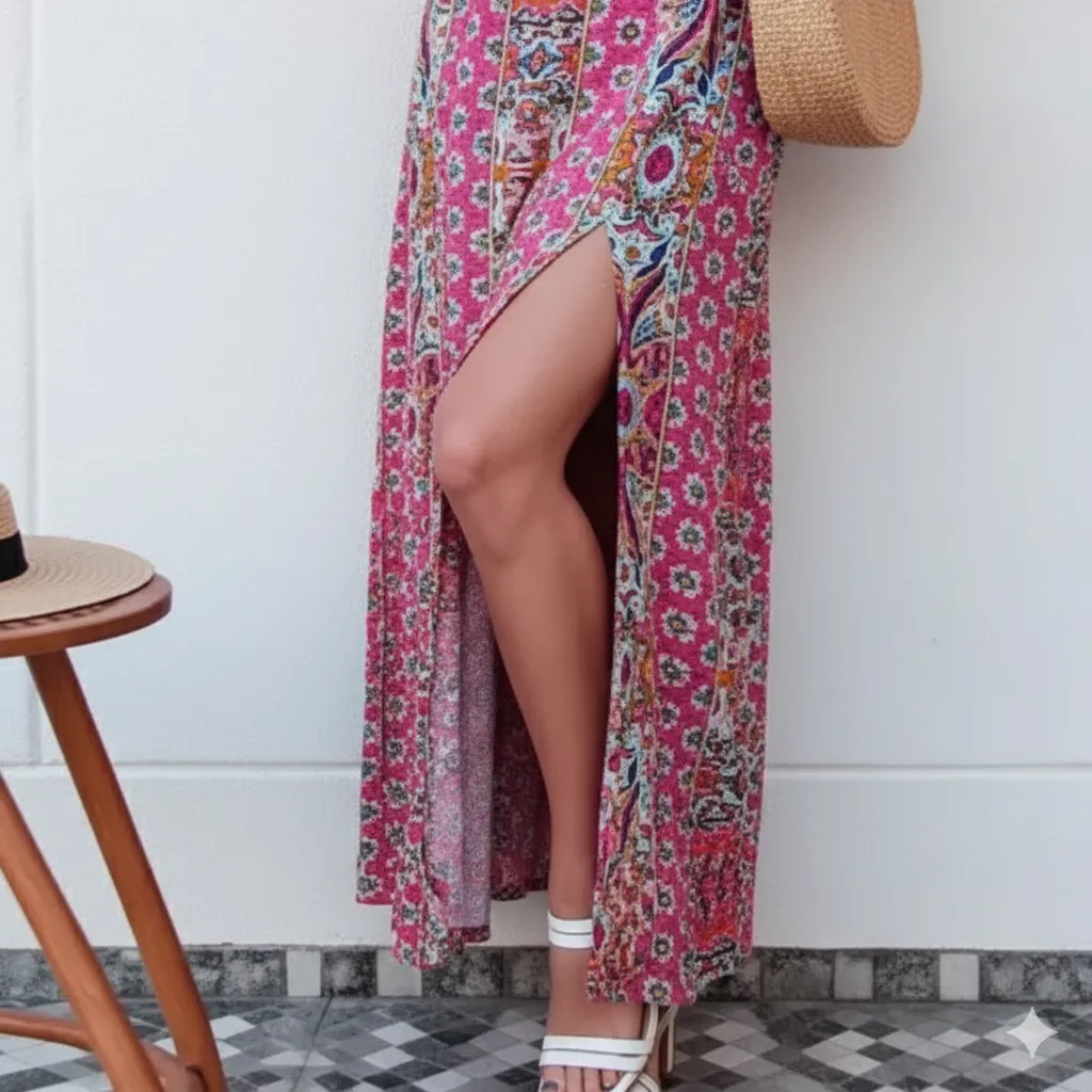 Casual Boho Print Slit Design Sleeveless Women Maxi Dress