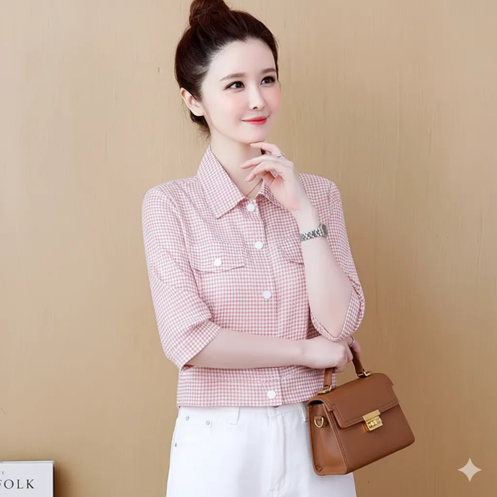 Lightweight Gingham Pattern Button-Up Mini Shirt Top