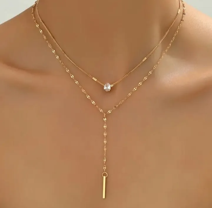 Lariat Layered Necklace Gold Plated Stainless Steel