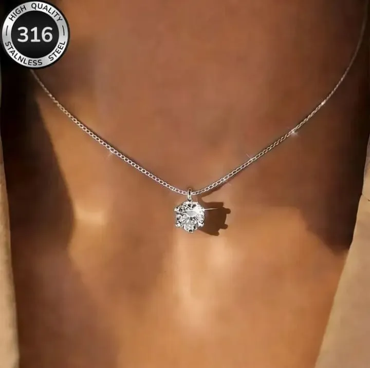 Round Diamond Solitaire Necklace Stainless Steel