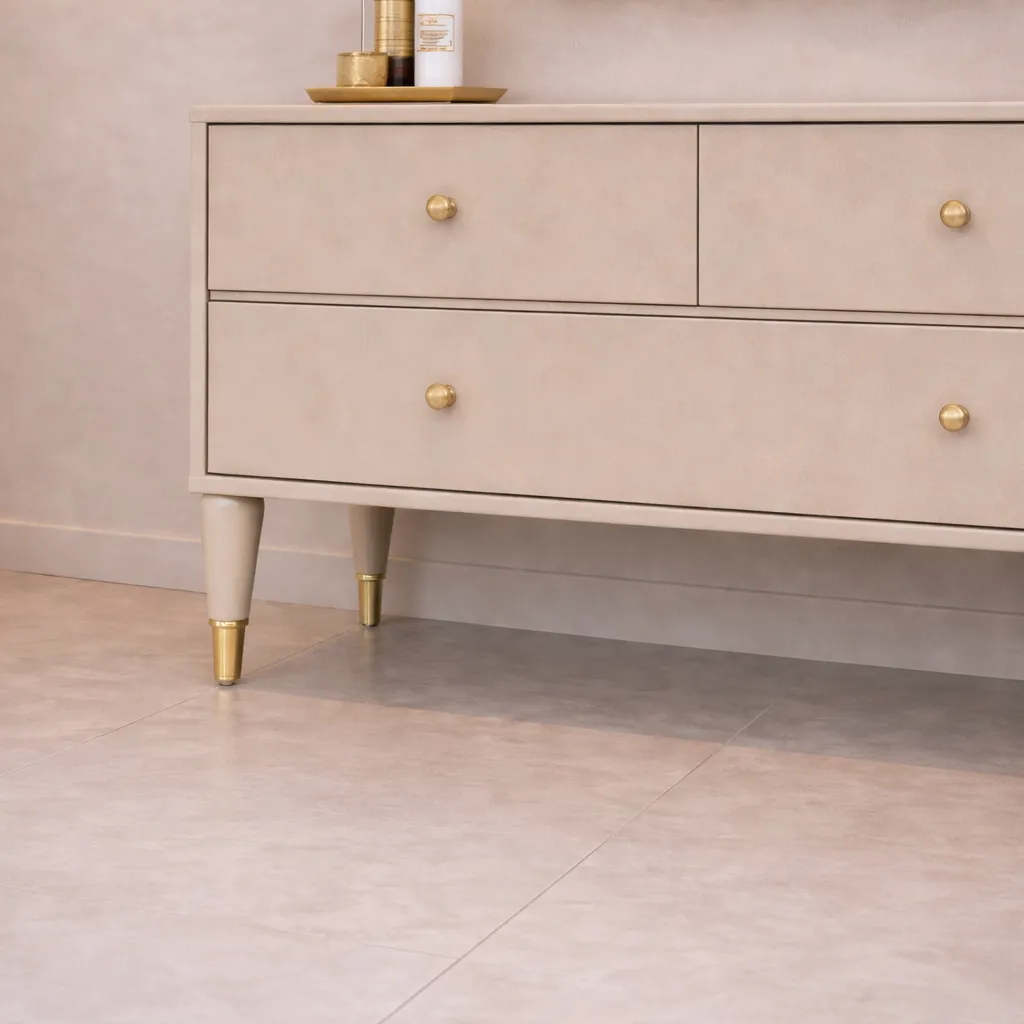Elegant Beige Vanity with Sculpted Mirror Frame
