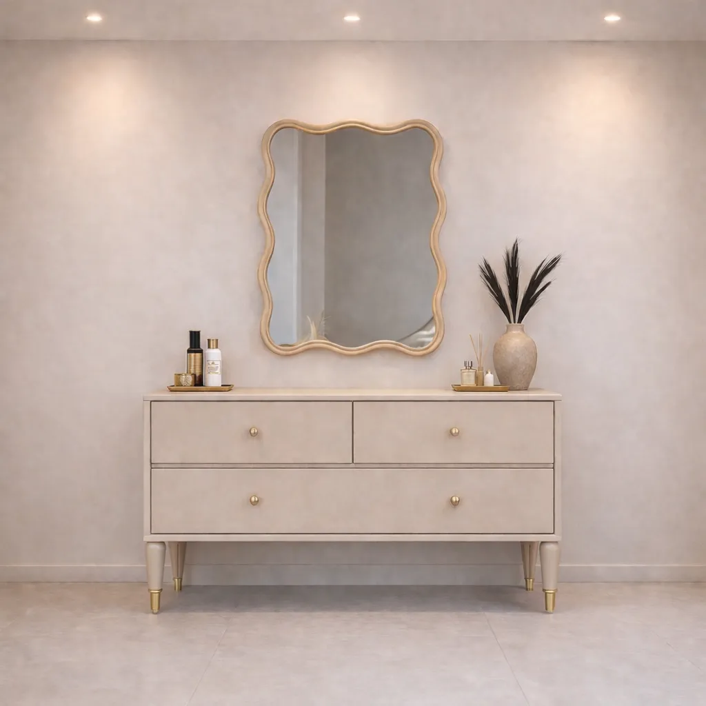 Elegant Beige Vanity with Sculpted Mirror Frame