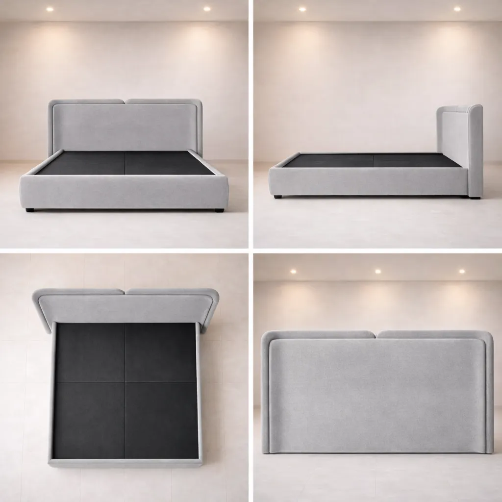 Minimalist Upholstered Bed with Curved Floating Headboard