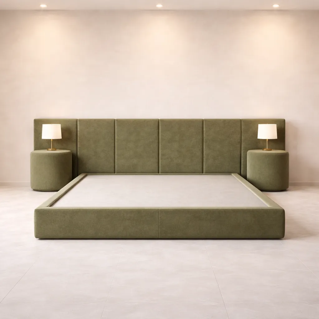 Modern Panel Headboard Bed with Round Nightstands