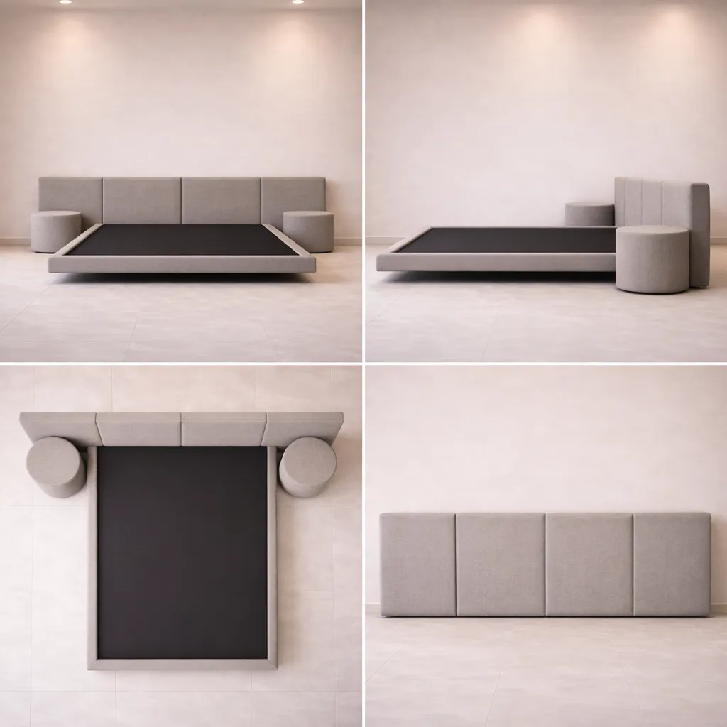 Modern Panel Headboard Bed with Round Nightstands (Copy)