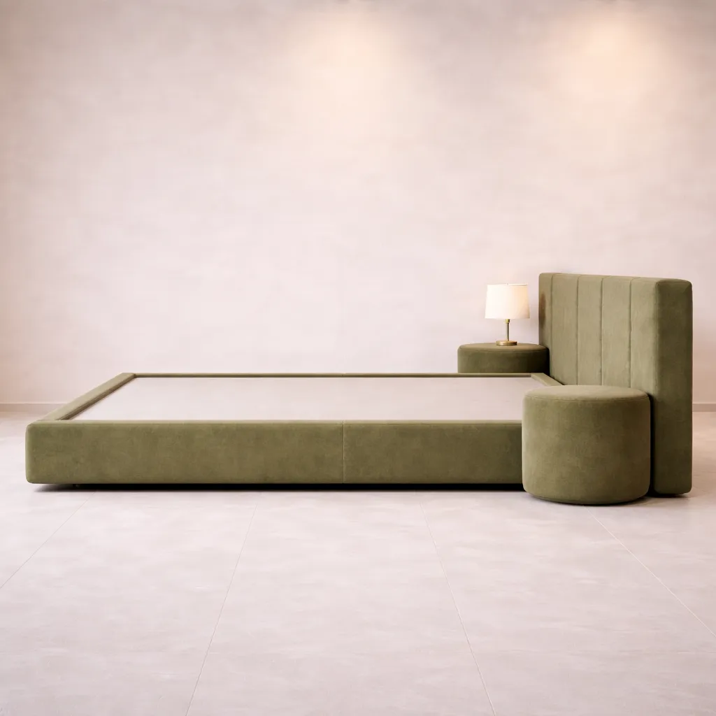 Modern Panel Headboard Bed with Round Nightstands
