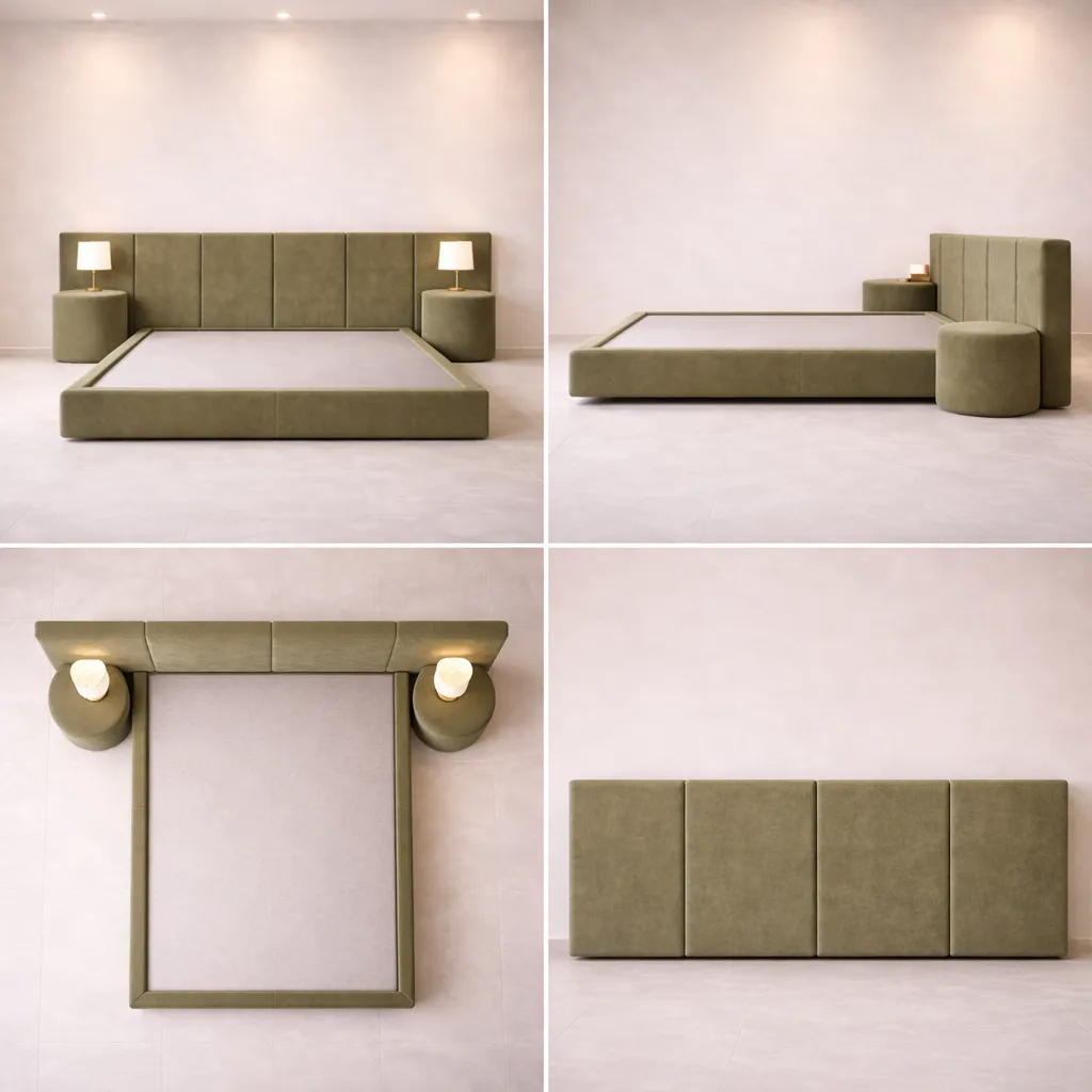 Modern Panel Headboard Bed with Round Nightstands