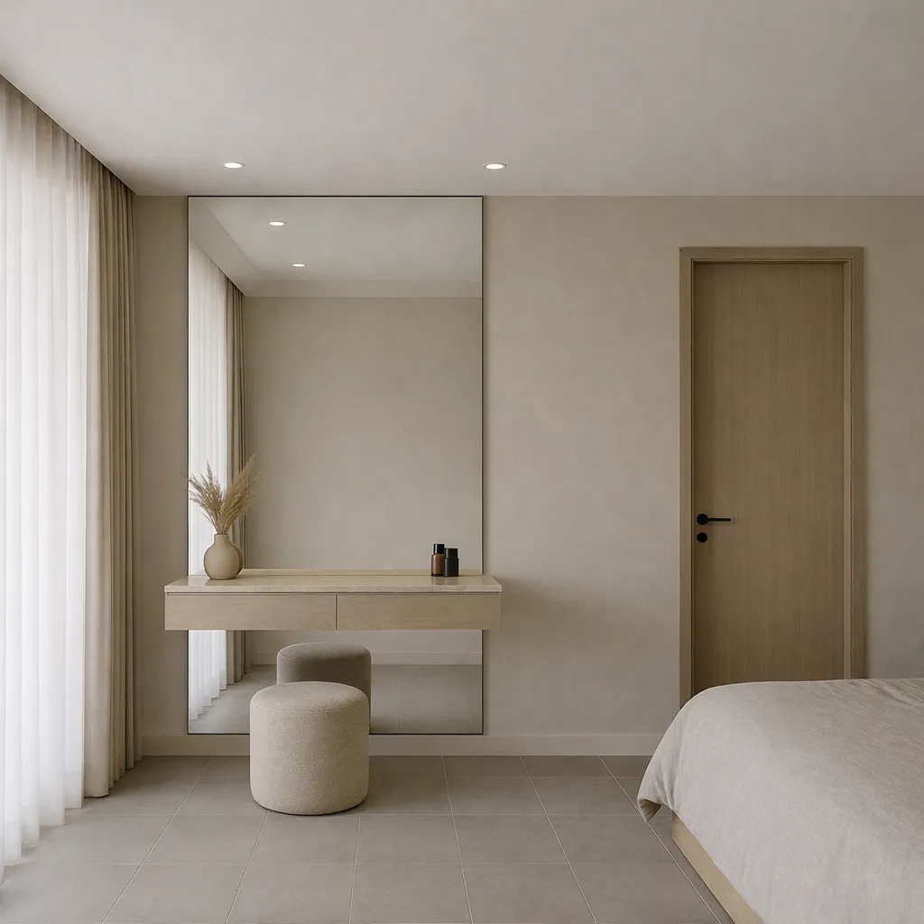 Modern Floating Vanity with Full Mirror & Soft Pouf Seating