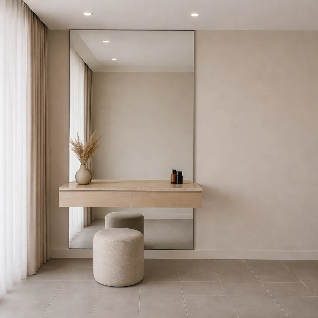 Modern Floating Vanity with Full Mirror &amp; Soft Pouf Seating